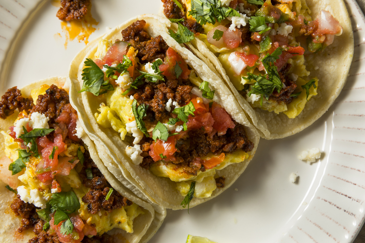 homemade chorizo breakfast tacos with pico and cilantro